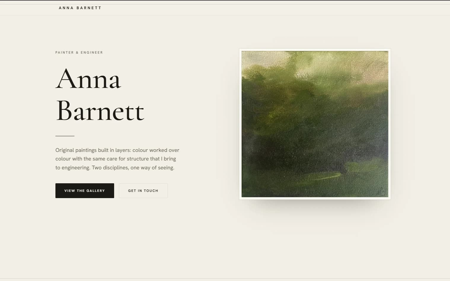 The Barnett Art home page: the artist's name set large in a serif on warm paper, with a landscape painting framed alongside it.